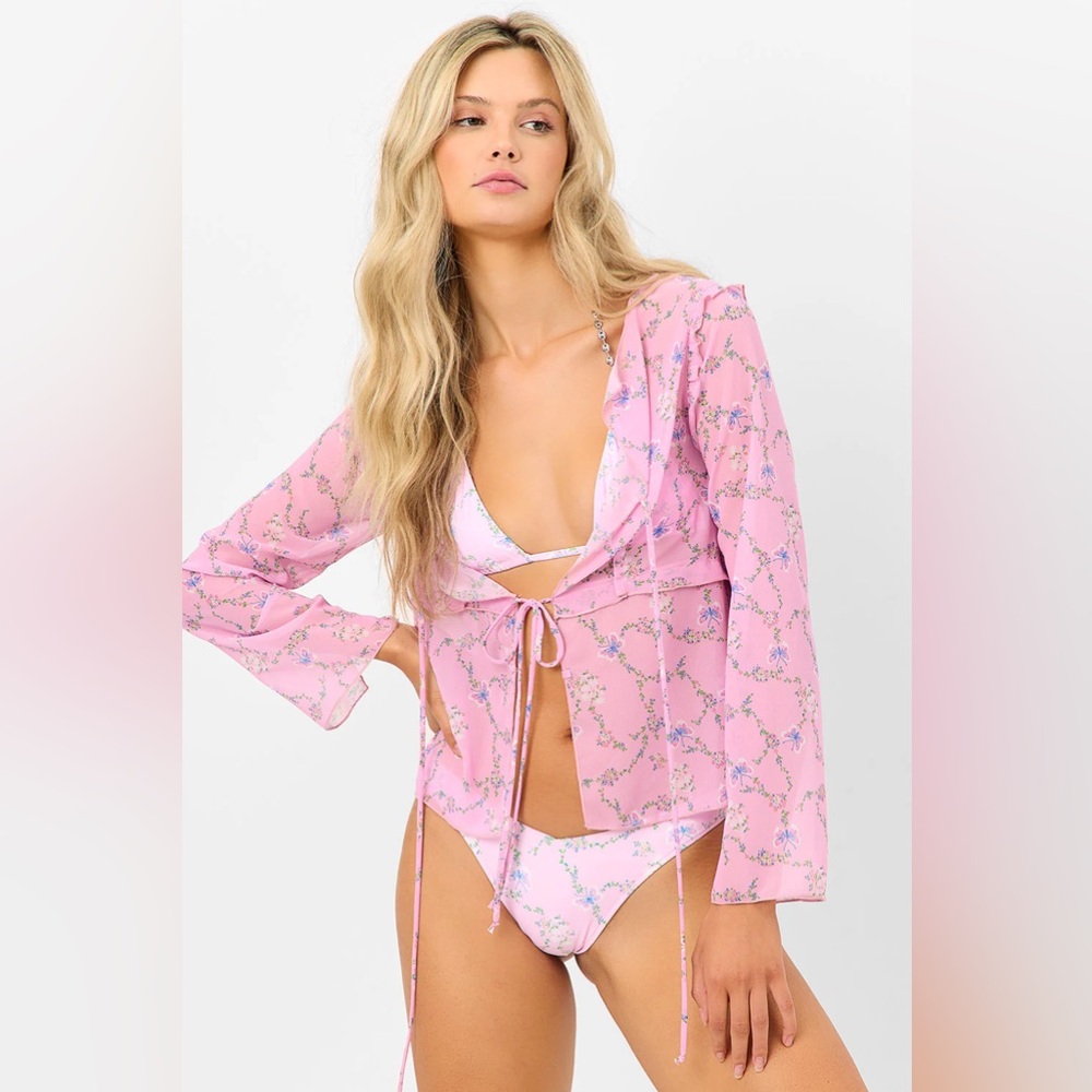 Frankies Bikinis Molly Lace Up Long Sleeve Shirt Top Blouse XS butterfly garden